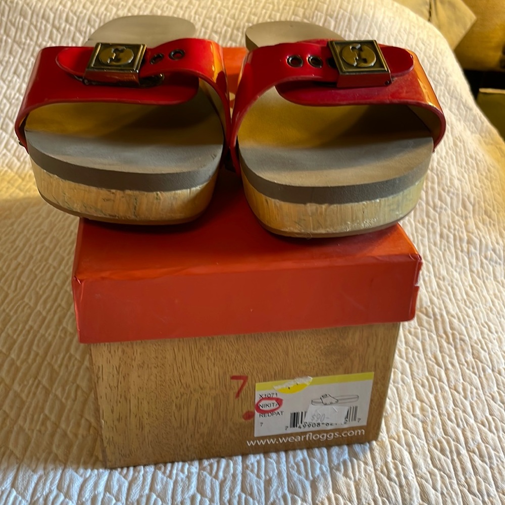 Flogg Nikita slides.  Size 7.  Red patent leather.  Brass hardware.  Great shape